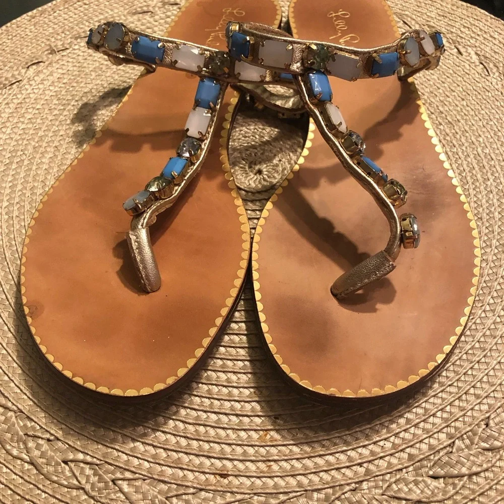 LILLY PULITZER RAYSA SANDALS T-STRAP GOLD LEATHER SIZE 8.5